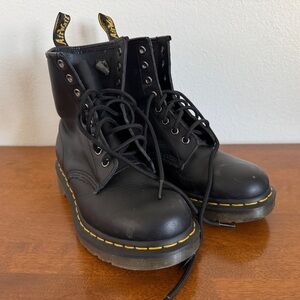 Dr. Martens Black Leather Lace-Up Boots with Yellow Stitching and Heel Loop